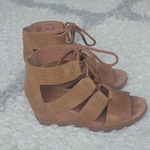 Sorel Joanie II tan leather gladiator lace-up heels, size 9.5, like new & super